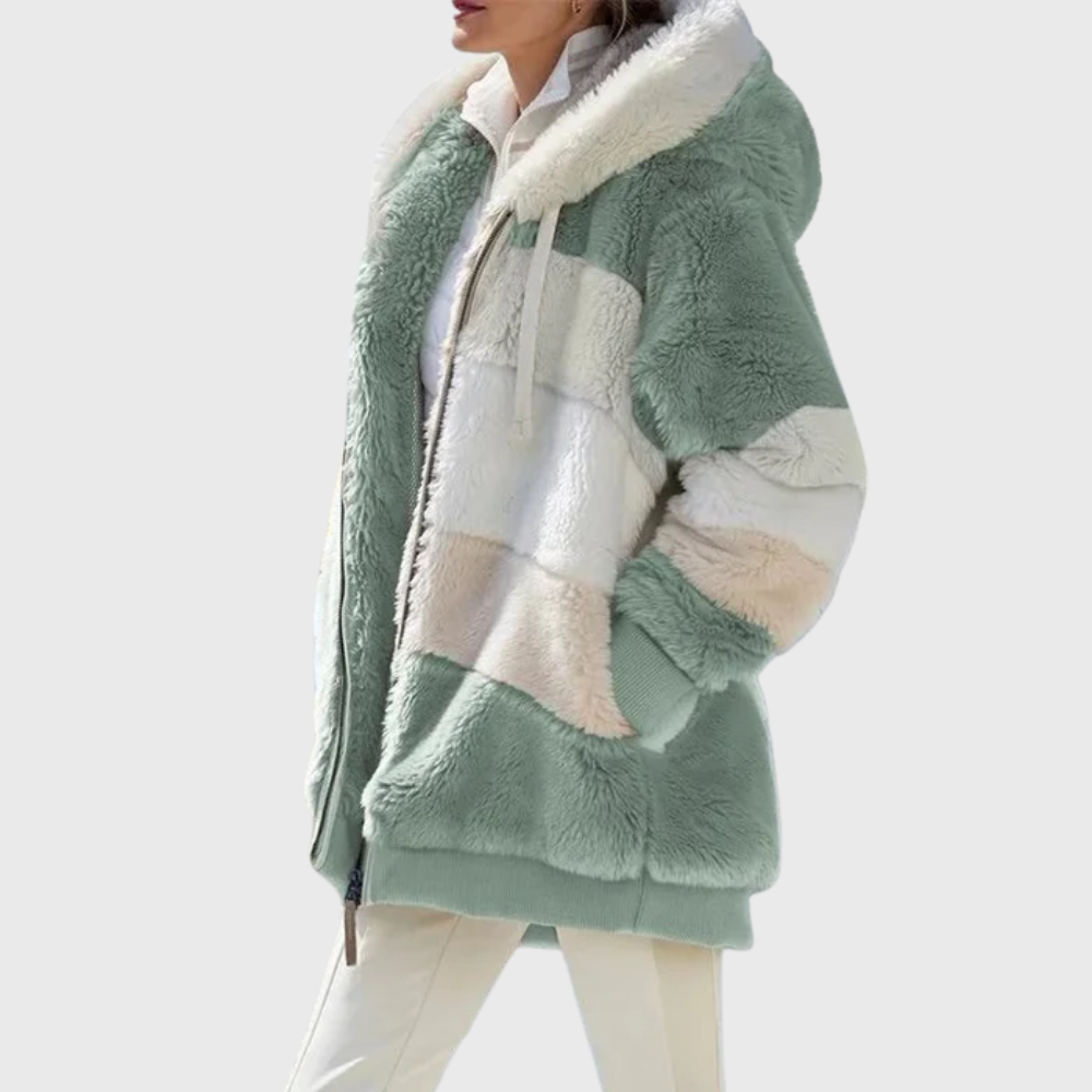 Women's colorblock plush hooded jacket relaxed fit soft textured surface for cozy layering warmth