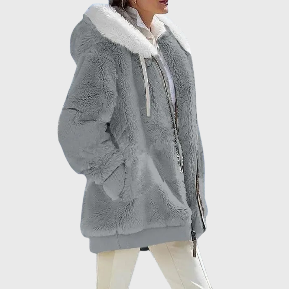 Women's colorblock plush hooded jacket with soft textured surface and relaxed silhouette for layering