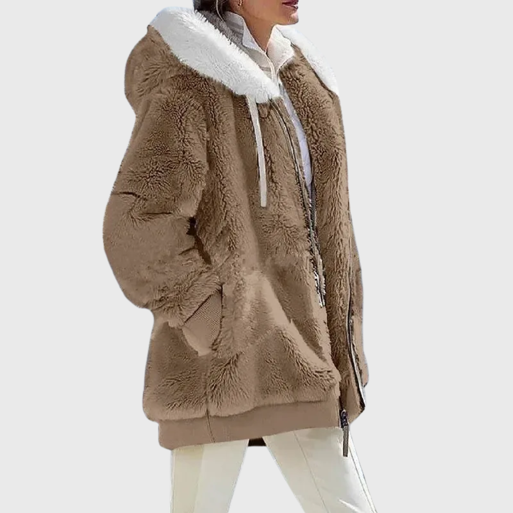 Women's colorblock plush hooded jacket relaxed fit soft textured surface for cozy layering