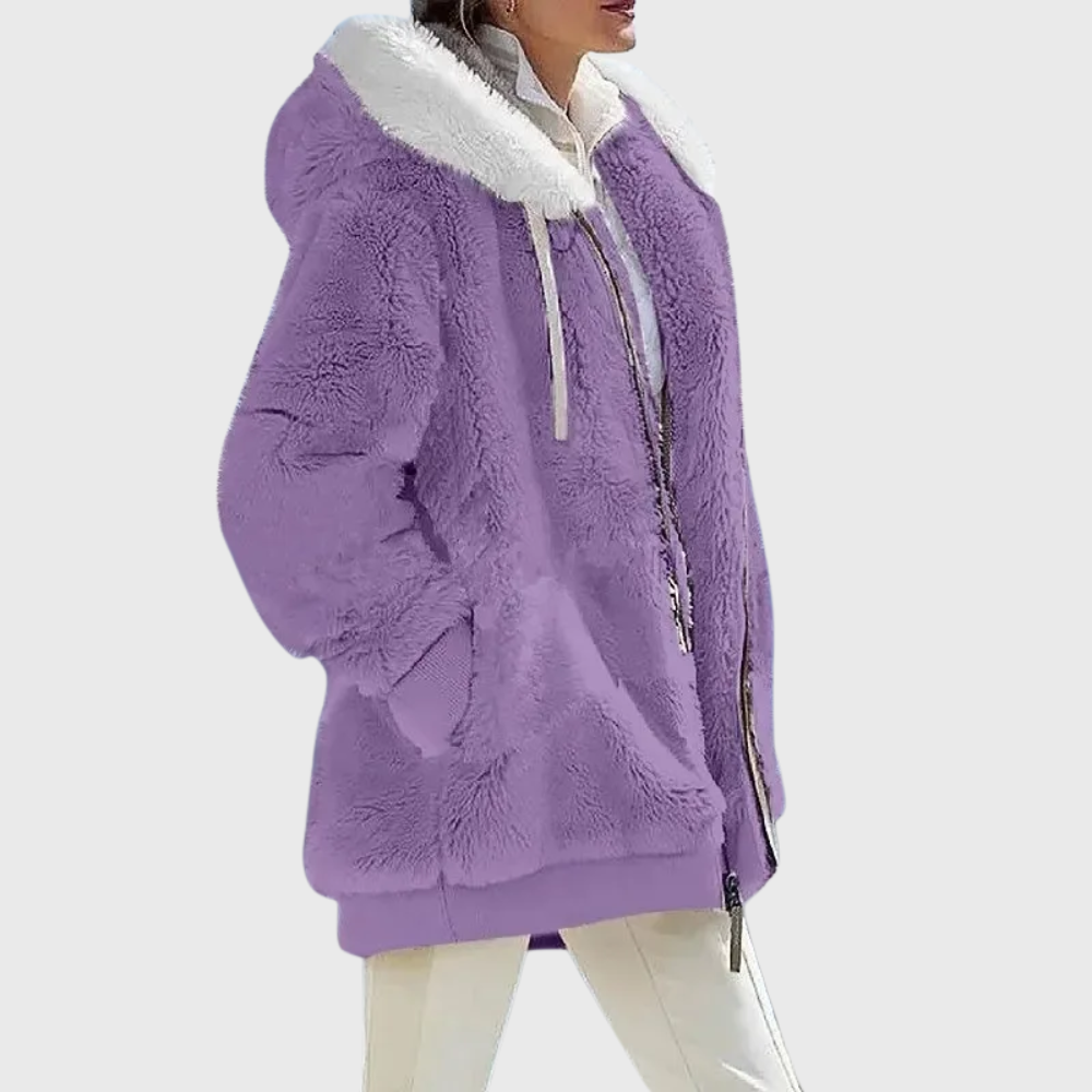 Women's colorblock plush hooded jacket with soft textured surface and relaxed silhouette for layering