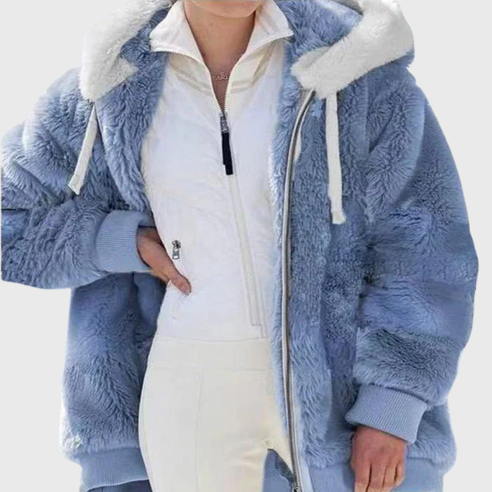 Women's colorblock plush hooded jacket relaxed fit soft textured fleece for cozy layering warmth