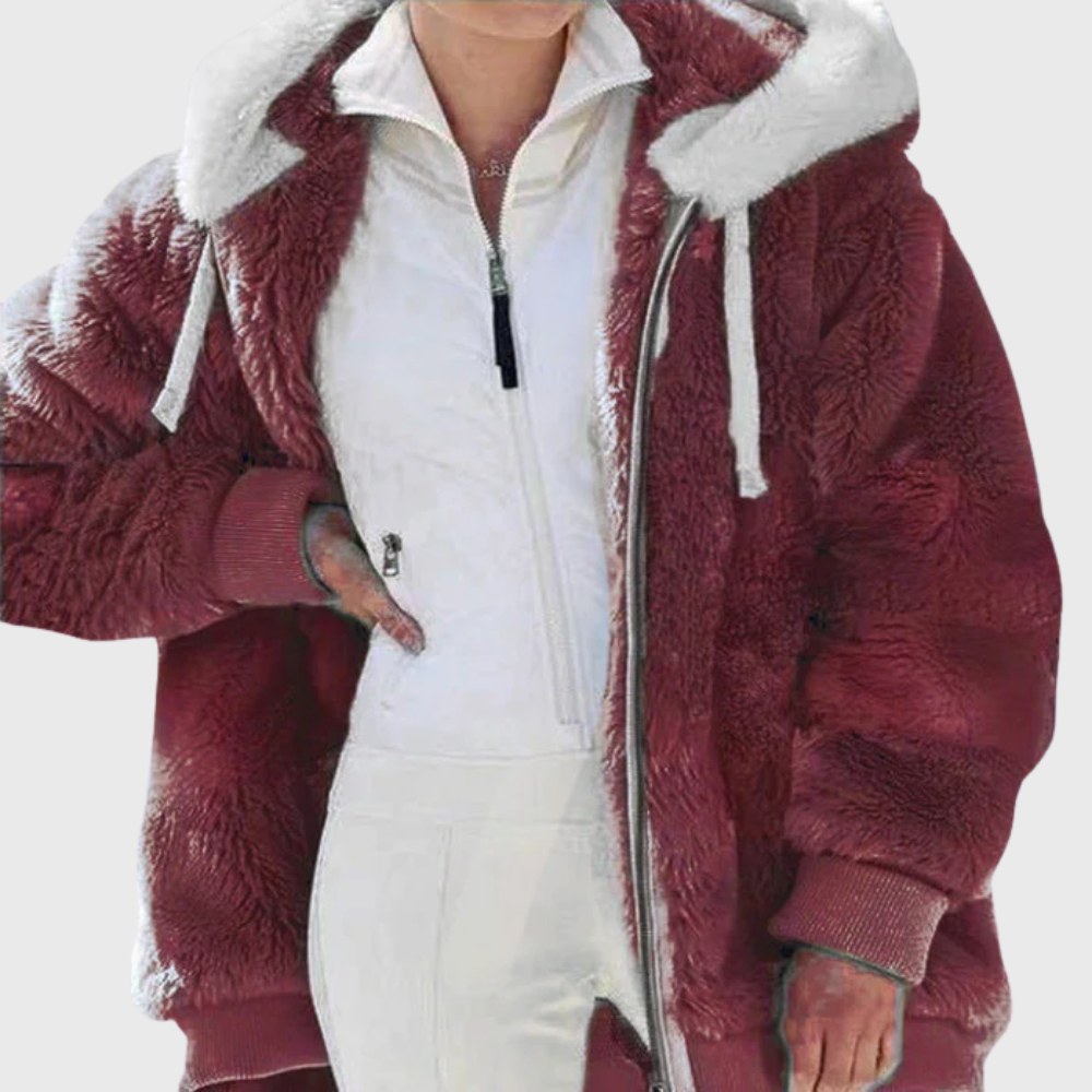 Women's colorblock plush hooded jacket relaxed fit soft textured fleece for cozy layering