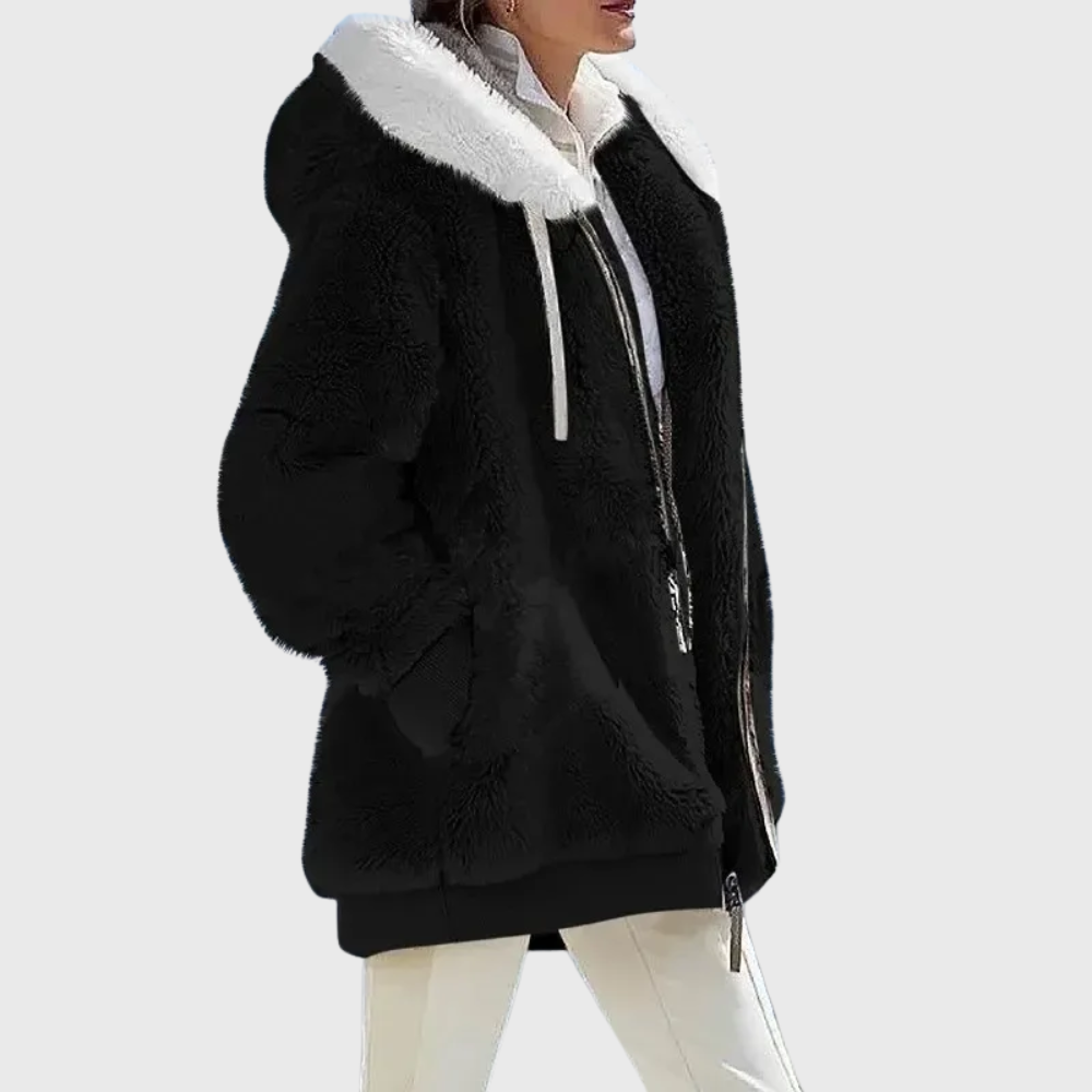 Women's colorblock plush hooded jacket relaxed fit soft textured fleece layering piece for cool days