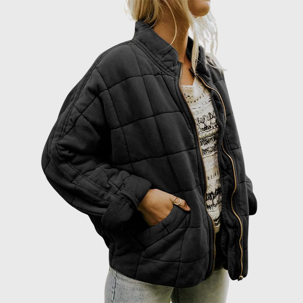 Women's oversized fleece quilted jacket stand collar cozy winter layer with pockets casual style