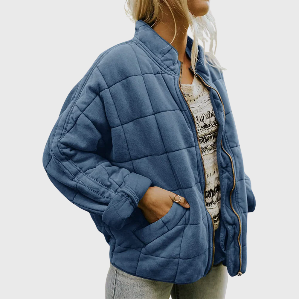 Women's oversized quilted fleece jacket stand collar cozy casual winter layer with pockets