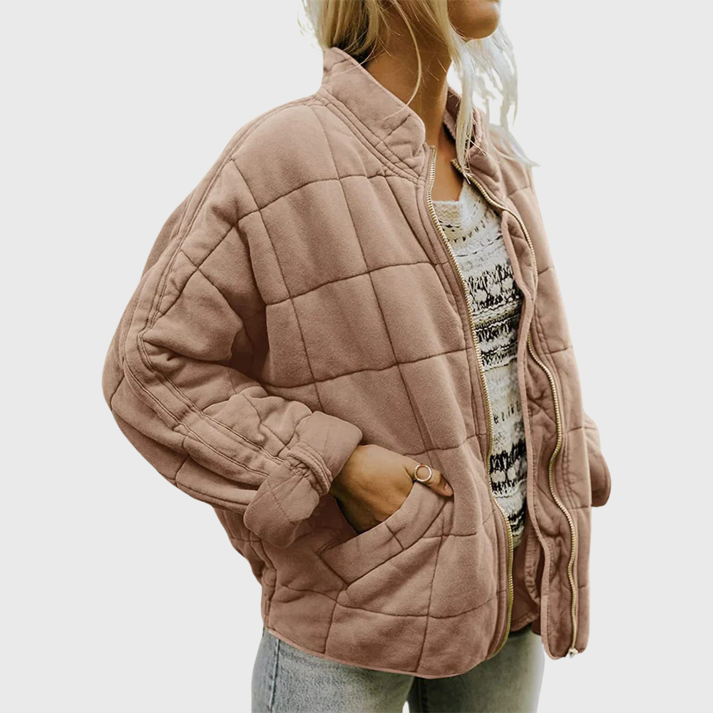 Women's quilted zip jacket fleece blend oversized fit high collar warm winter essential