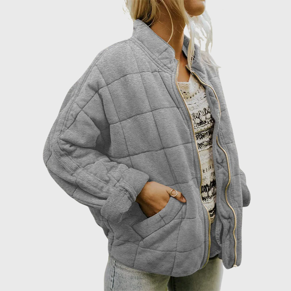 Women's quilted zip jacket fleece blend oversized fit high collar cozy winter layer