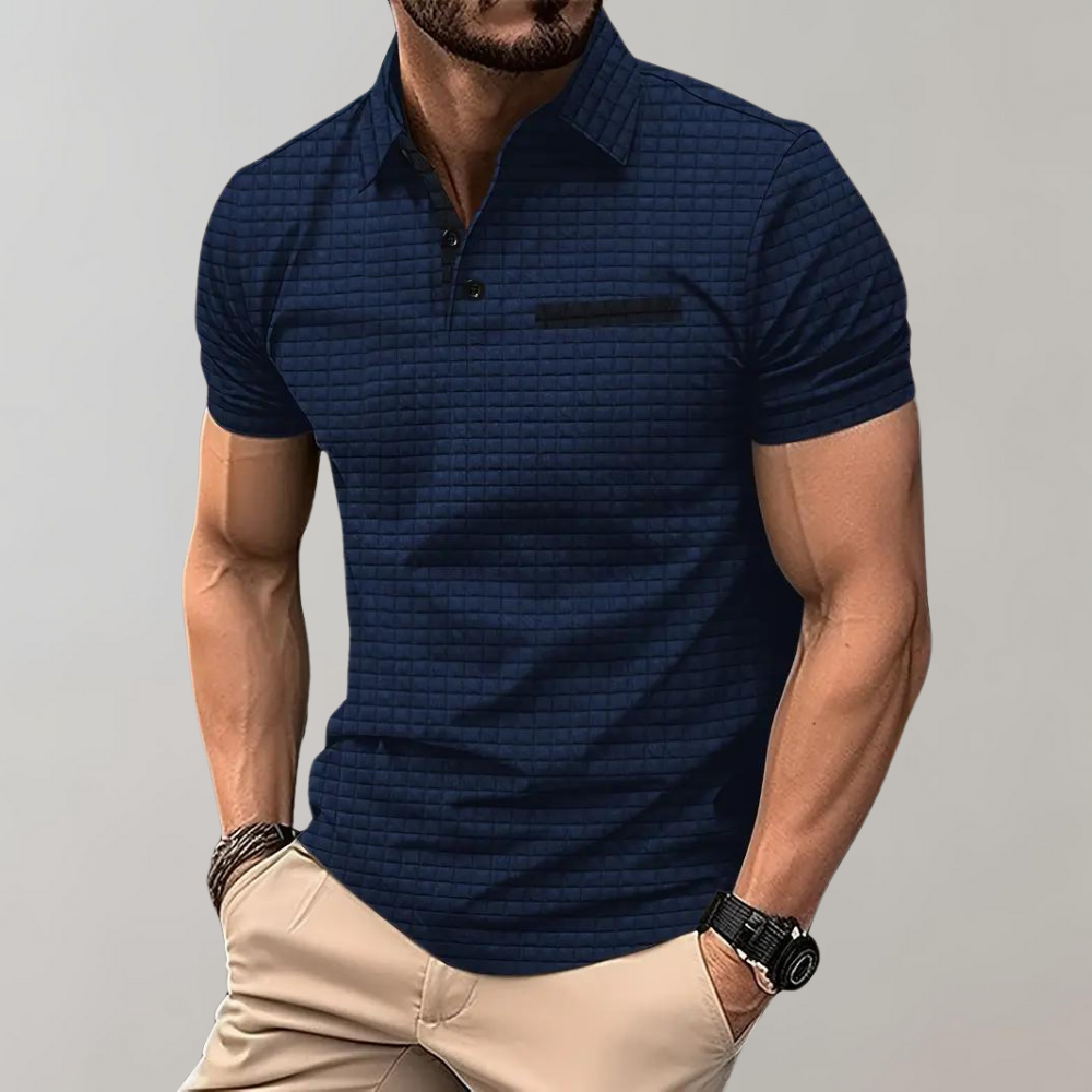 Men's slim fit polo shirt with button chest pocket, smart casual tailored style for everyday wear