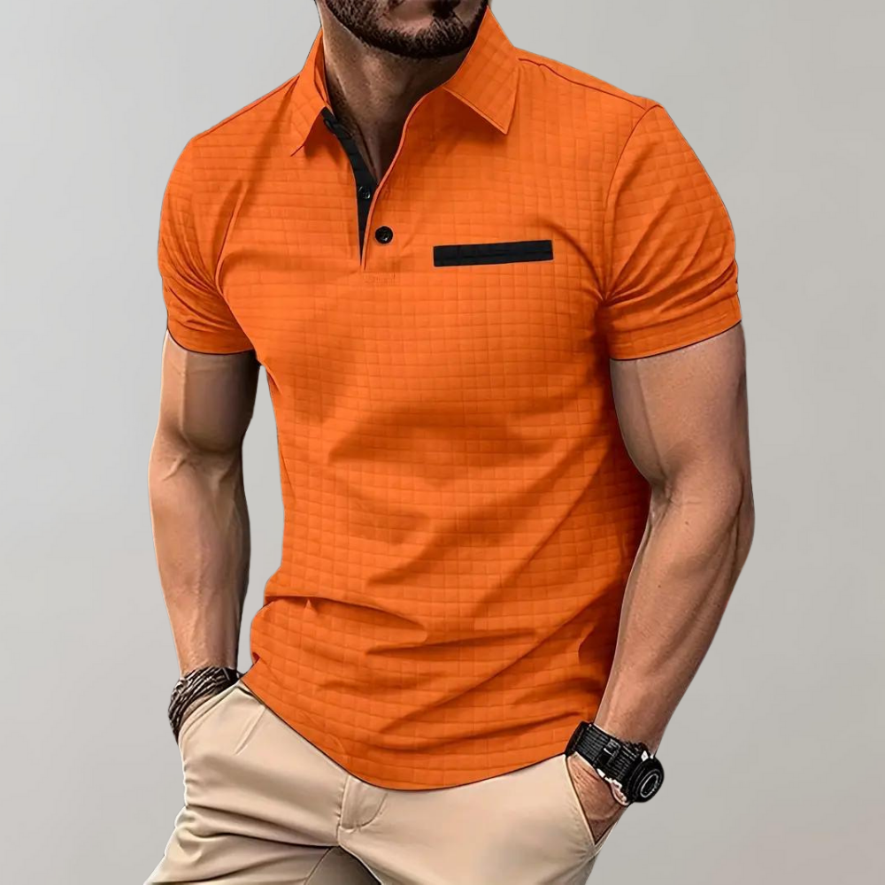 Men's slim fit polo shirt with button chest pocket in smart casual everyday style