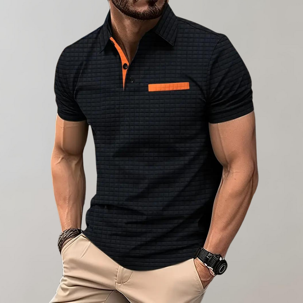 Men's slim fit navy polo shirt breathable chest pocket contrast trim smart casual style