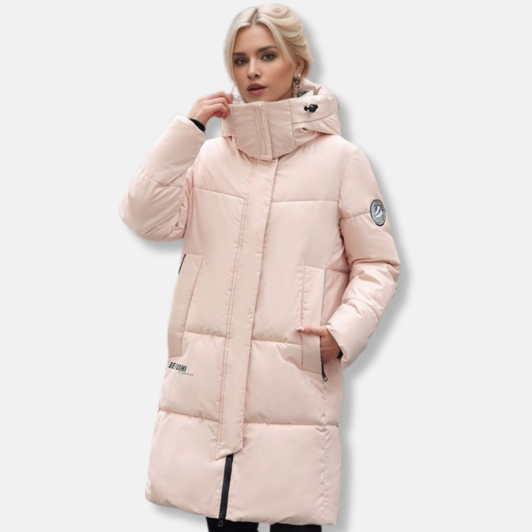 Women's hooded mid-thigh puffer coat with high collar for cozy winter warmth and city style