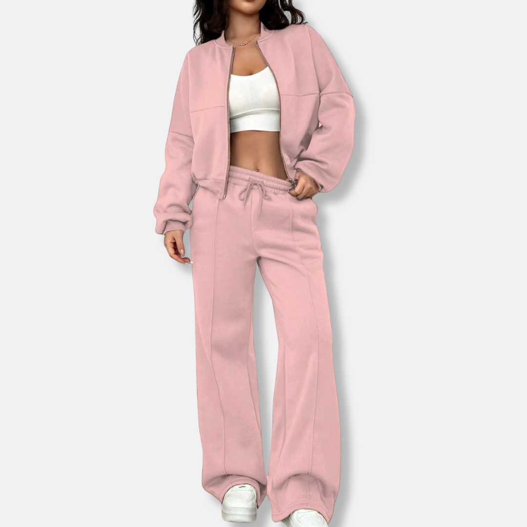 Women's two-piece loungewear set relaxed bomber jacket high-waisted wide-leg pants casual matching co-ord