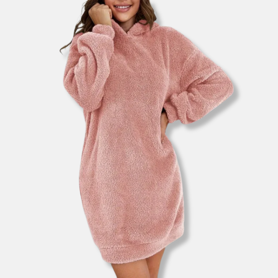 Women's oversized hoodie mini dress in plush fleece knit, cozy lounge silhouette with hood