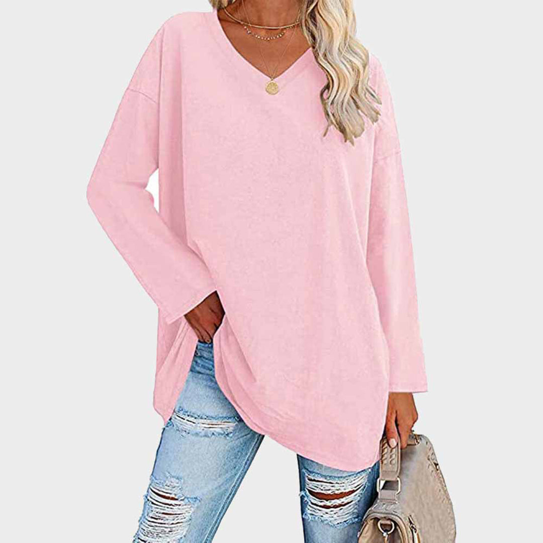 Women's casual loose fit long sleeve top in relaxed silhouette with sleek V-neckline for everyday style