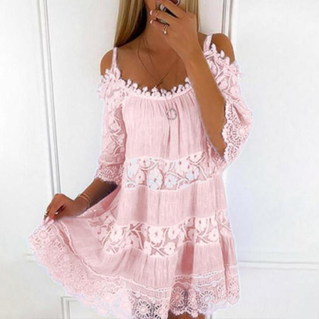 Women's off-shoulder mini dress white flowy fit delicate lace panels lightweight summer style