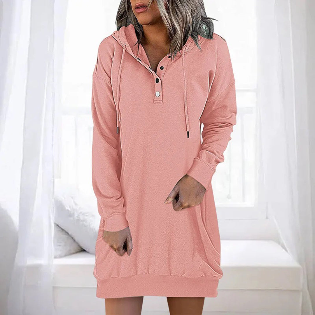 Women's Nordic hoodie dress with buttoned collar, long sleeve, cotton blend, casual everyday comfort
