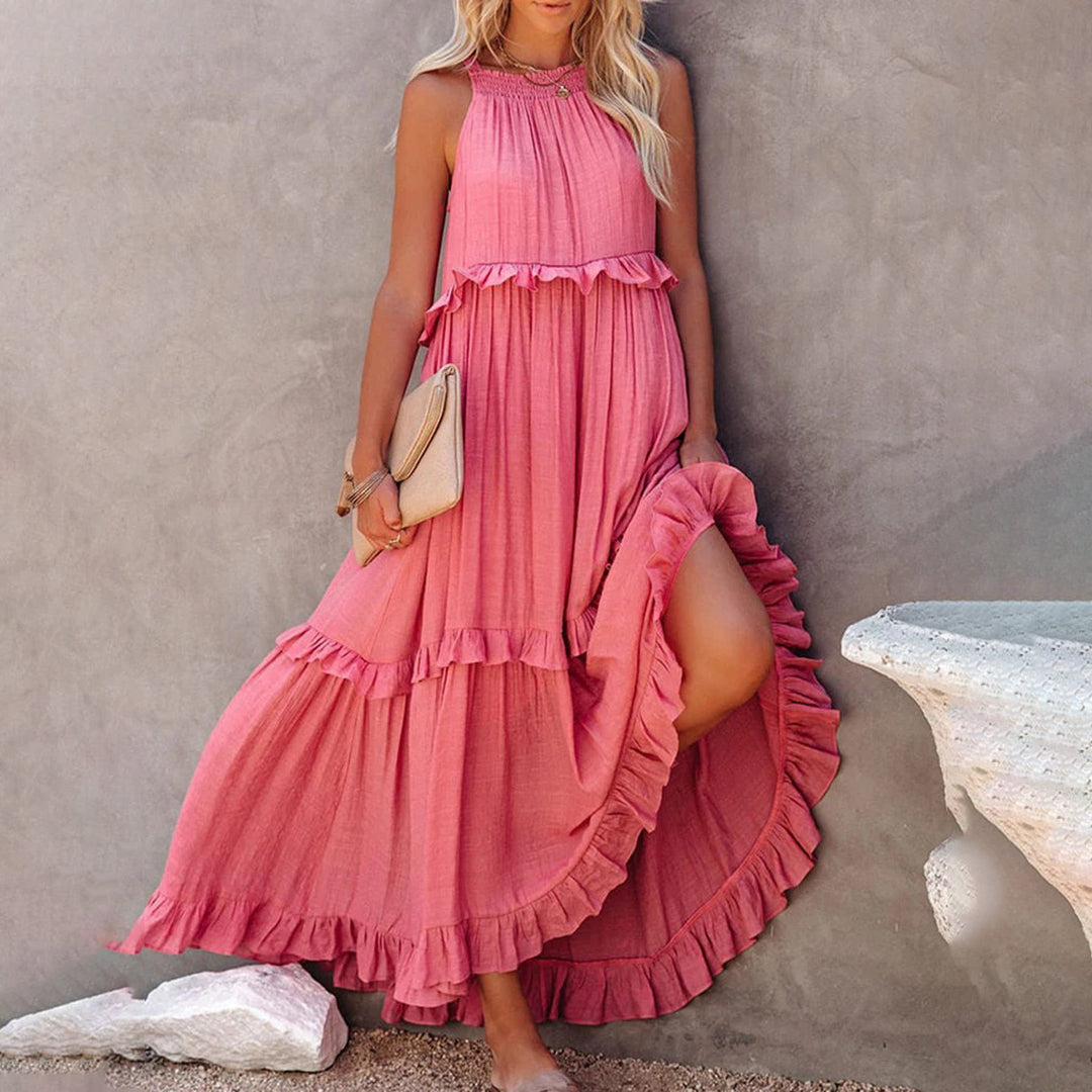 Women's sleeveless halterneck maxi dress, A-line silhouette in breezy summer style