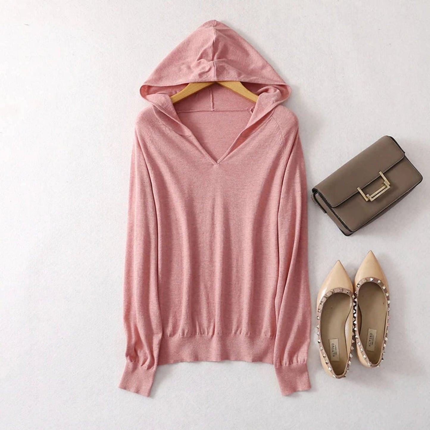 Women's cashmere silk blend hoodie, lightweight knit with ribbed details, soft breathable everyday luxury style