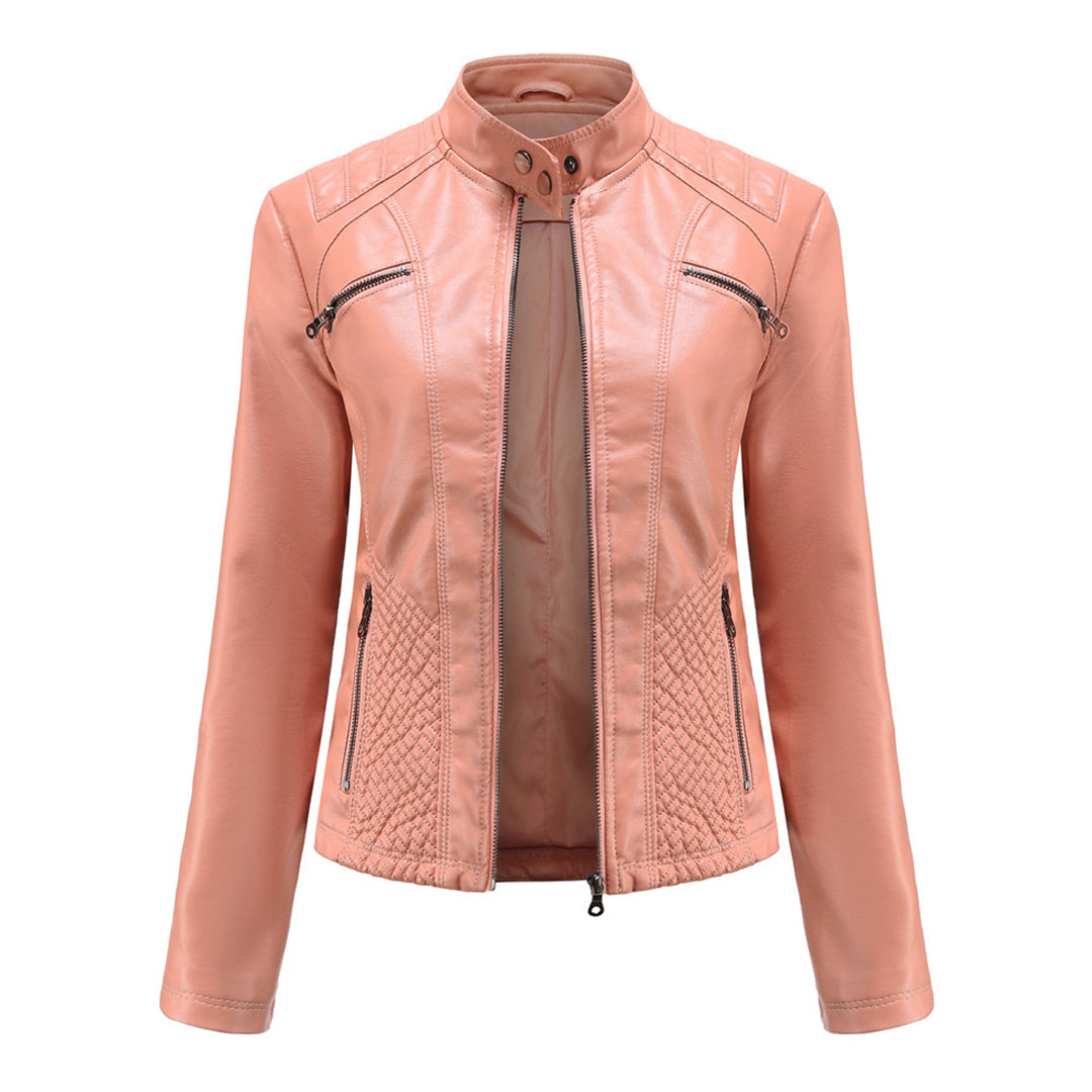 Women's black faux leather biker jacket with classic zip-up closure and flattering edgy silhouette