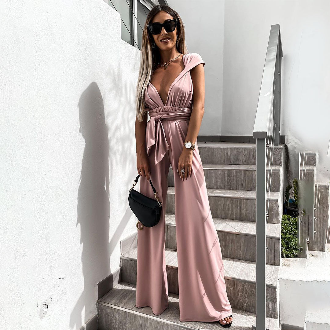 Women's sleeveless wide-leg jumpsuit deep V-neck waist tie chic modern silhouette