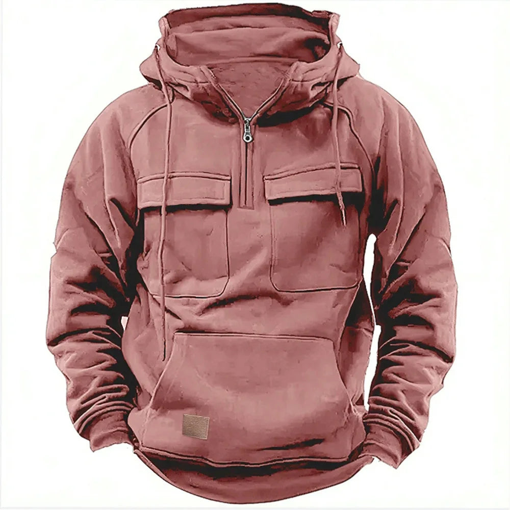 Heavyweight quarter-zip hoodie in sueded fleece with dual chest cargo pockets for urban utility