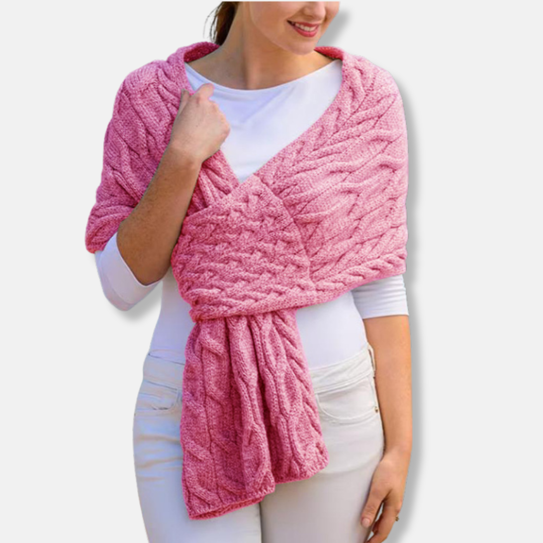 Women's wool cable knit shawl scarf in neutral tone, long draped coverage for luxurious winter warmth
