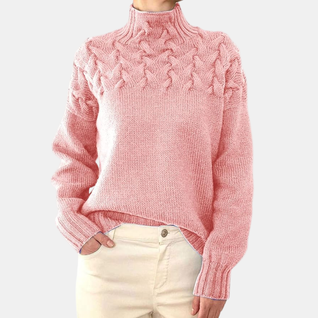 Women's cream cable knit turtleneck sweater relaxed fit with raised texture bodice detailing