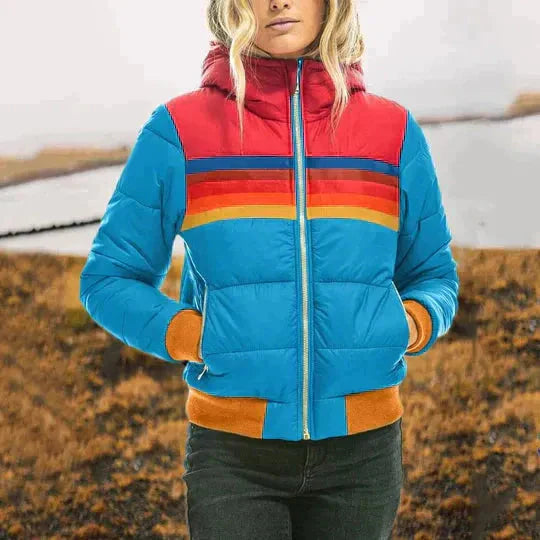 Piper color block puffer jacket women vibrant stripe 80s ski style quilted lightweight insulation