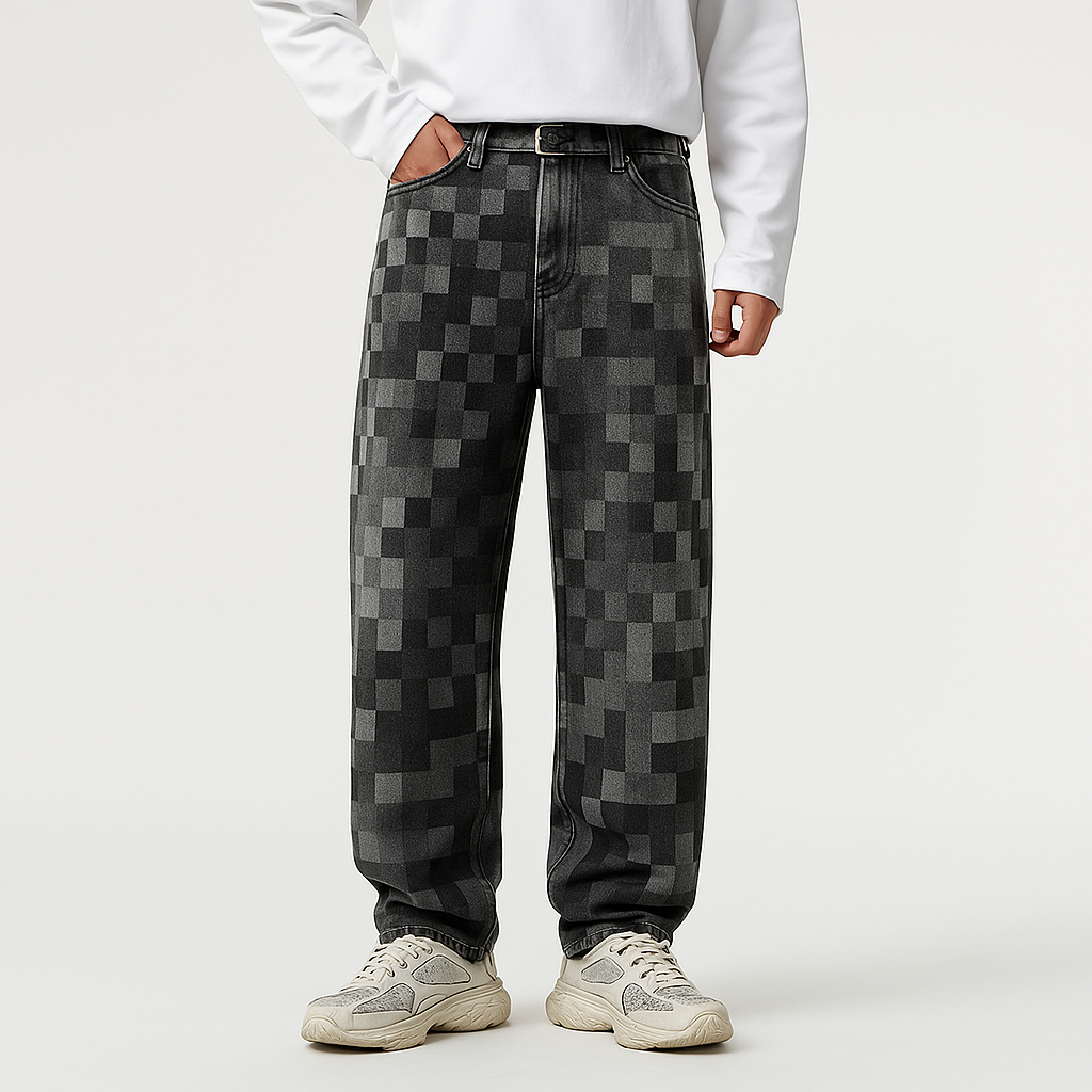 Men's blue streetwear denim jeans slim fit with bold pixelated mosaic fade wash