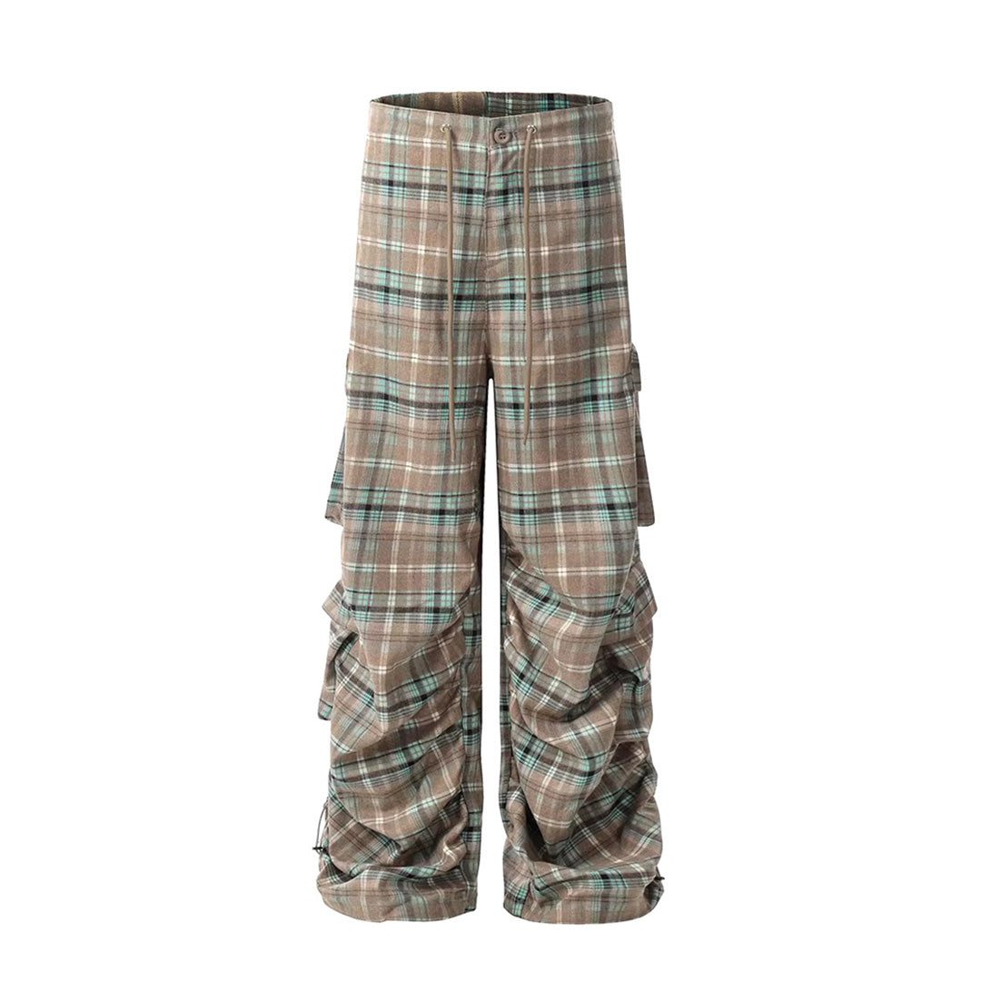 Men's plaid cargo pants with elastic drawstring waist, pleated heritage cut and utility pockets
