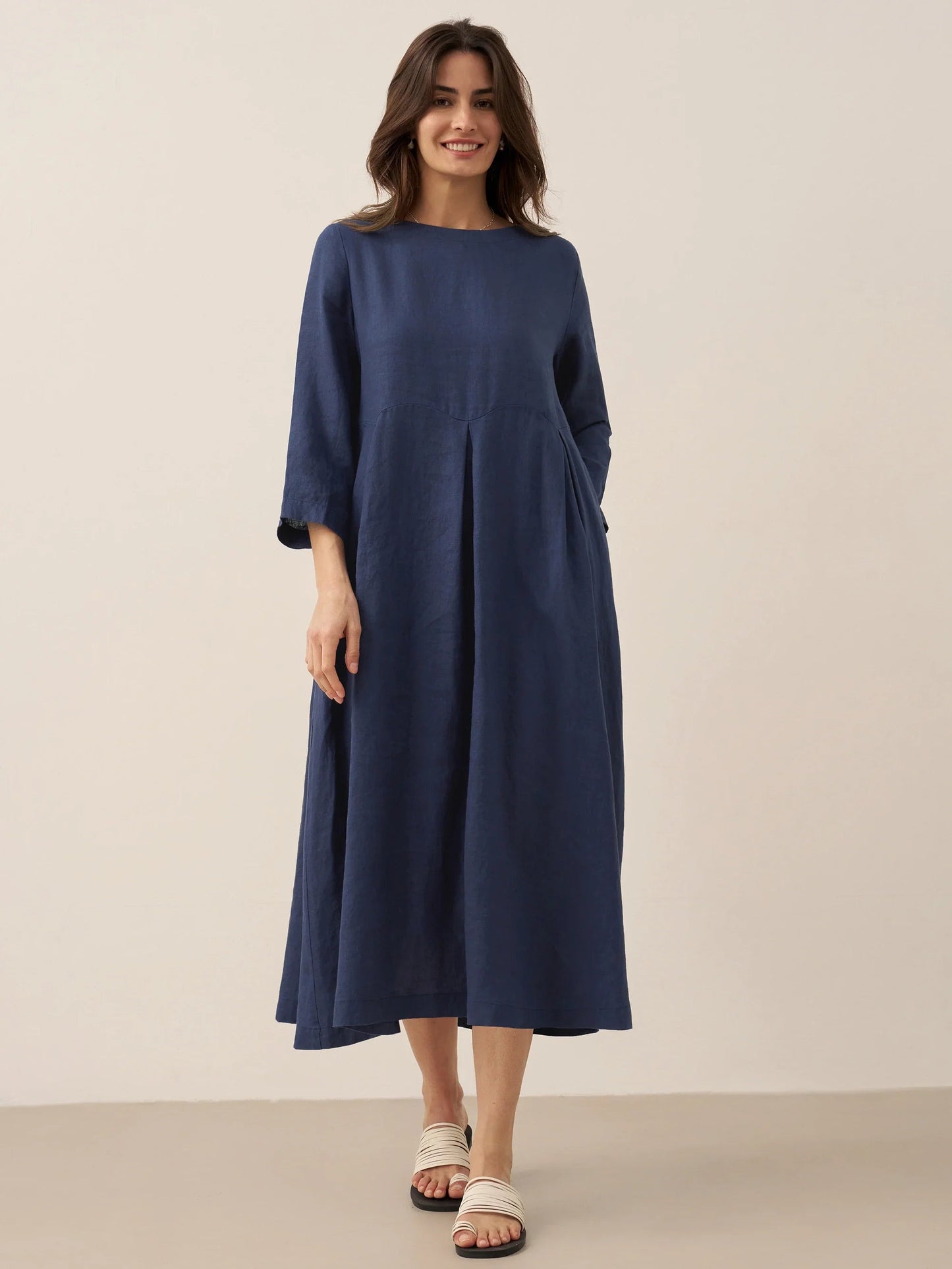 Women's beige linen pleated maxi dress, breathable elegant summer style with flowing silhouette