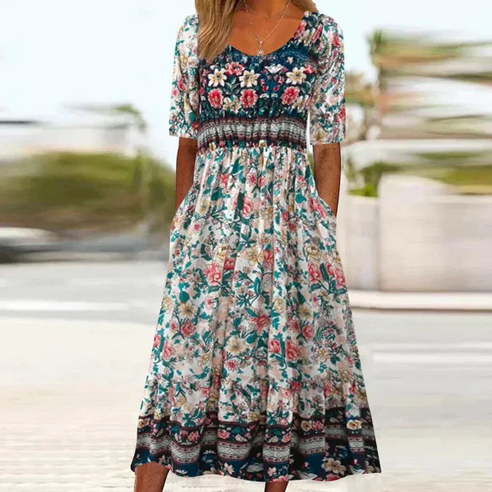 Boho floral maxi dress women relaxed fit breathable cotton-blend with pockets and artisanal border detail