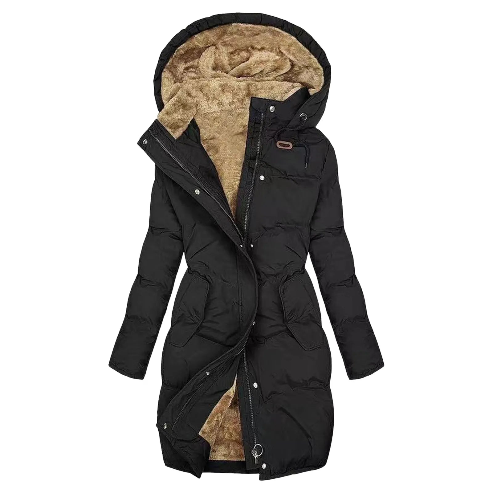 Women's insulated winter coat with hood, plush faux fur lining, high collar, fitted silhouette