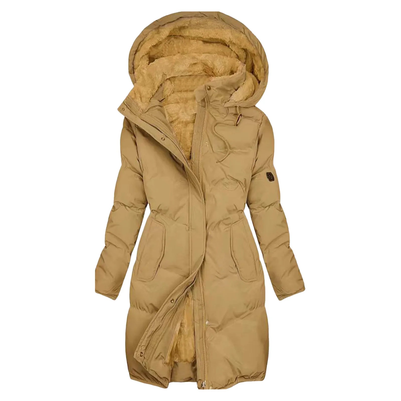 Women's insulated winter coat with hood, plush faux fur lining, high collar, fitted silhouette