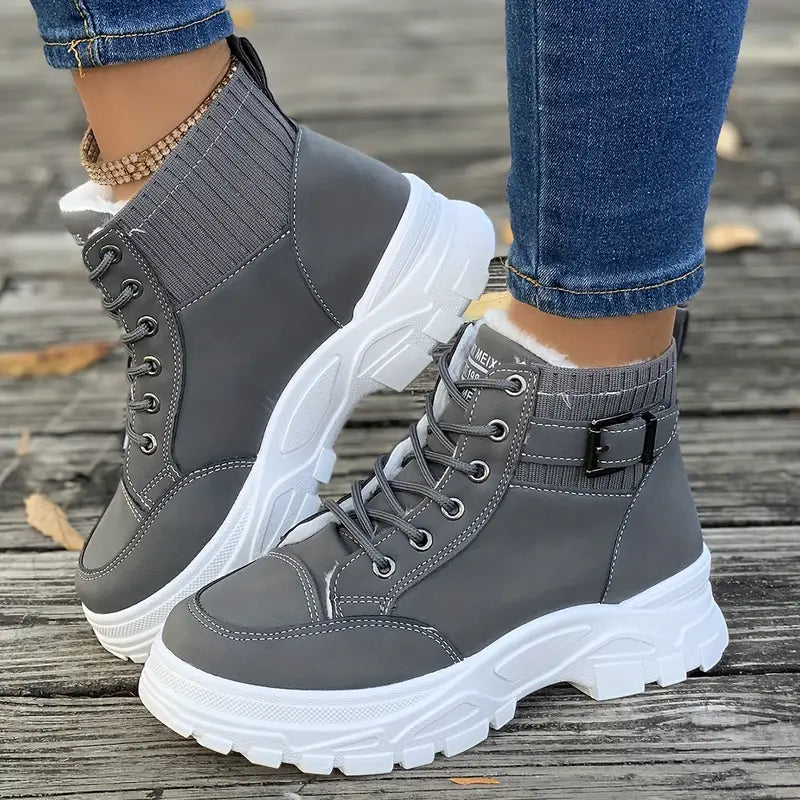 Women's plush-lined ankle boots with platform sole, side zip closure, lace-up front, cozy winter style