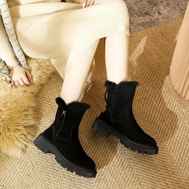 Women's plush platform snow boots with non-slip sole, back zip closure, cozy winter style