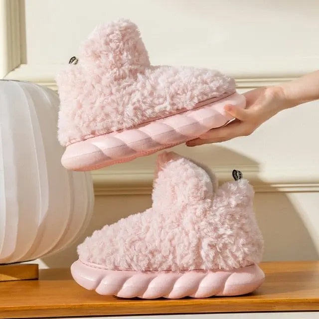 Women's plush winter slippers cozy faux fur lining non-slip PVC sole indoor outdoor comfort