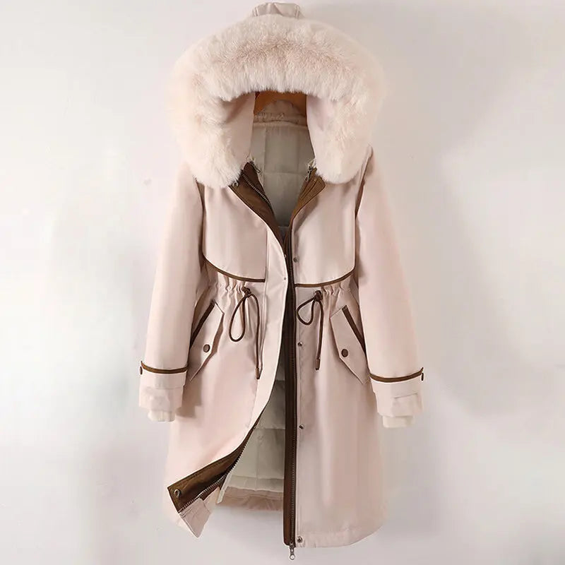 Women's long winter parka coat with plush faux fur hood, breathable warmth, elegant cold-weather style