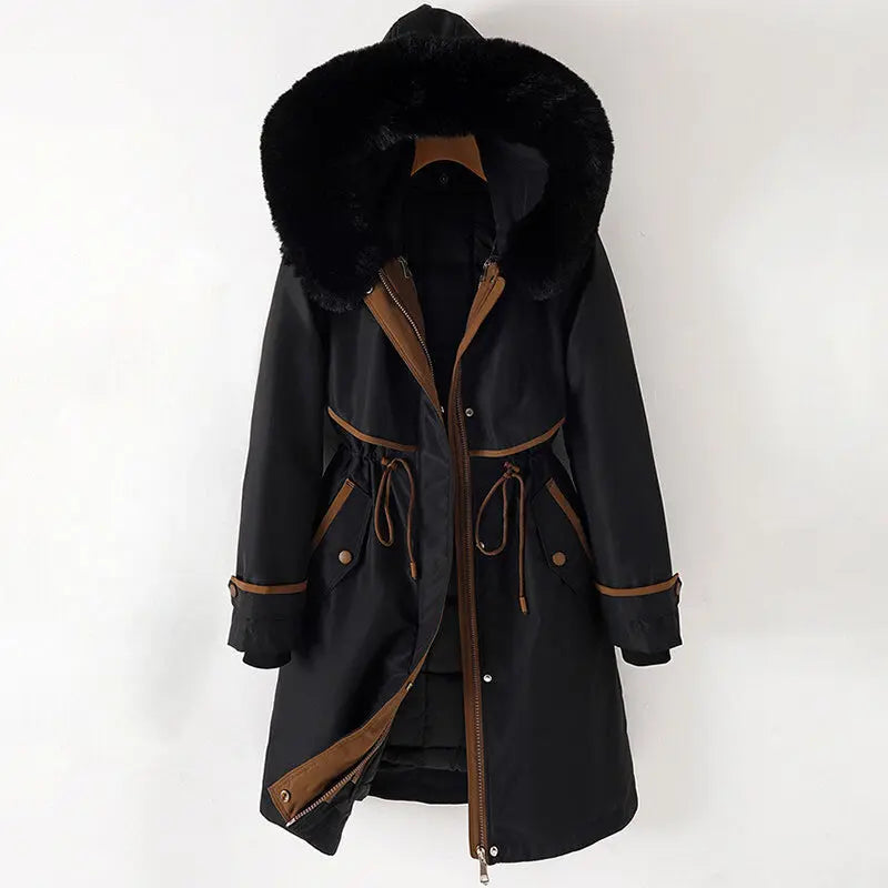 Women's long winter parka coat with plush faux fur hood, breathable warmth, elegant cold-weather style