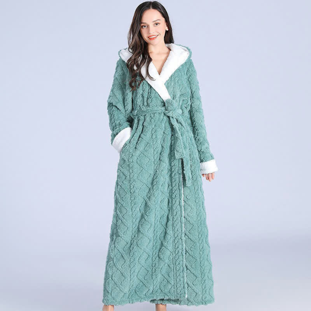 Women's plush fleece hooded bathrobe with belted waist and contrast trim in cozy relaxed fit