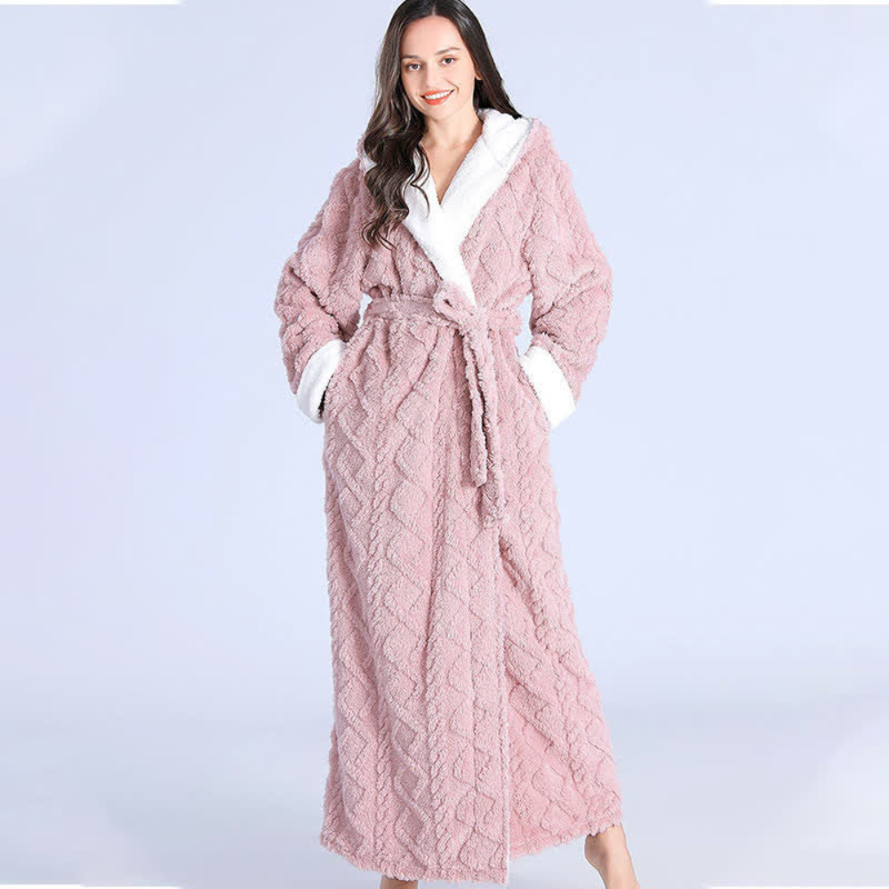 Women's plush fleece hooded bathrobe with belted waist and contrast trim in cozy relaxed fit