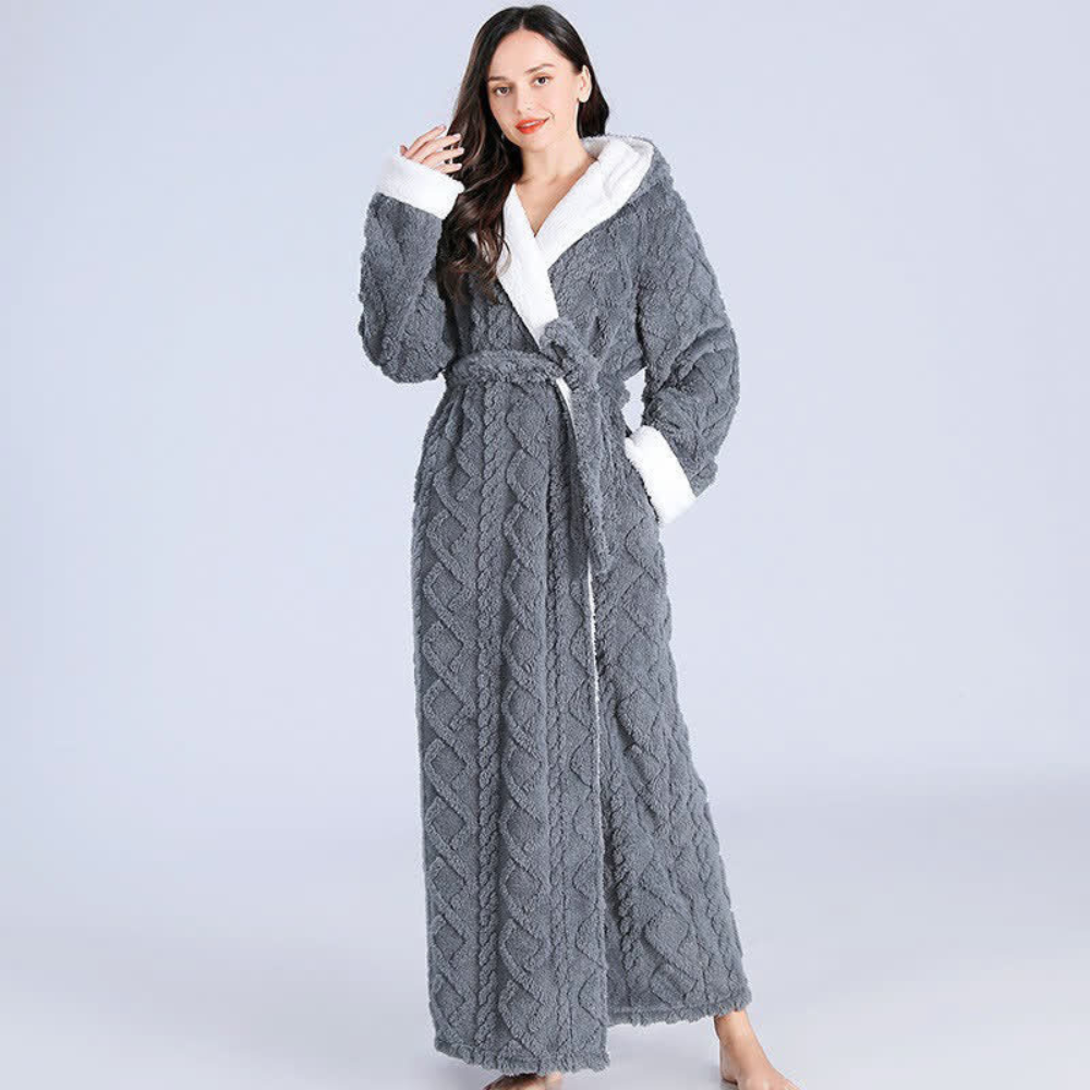 Women's plush fleece hooded bathrobe with belted waist and contrast trim in cozy relaxed fit