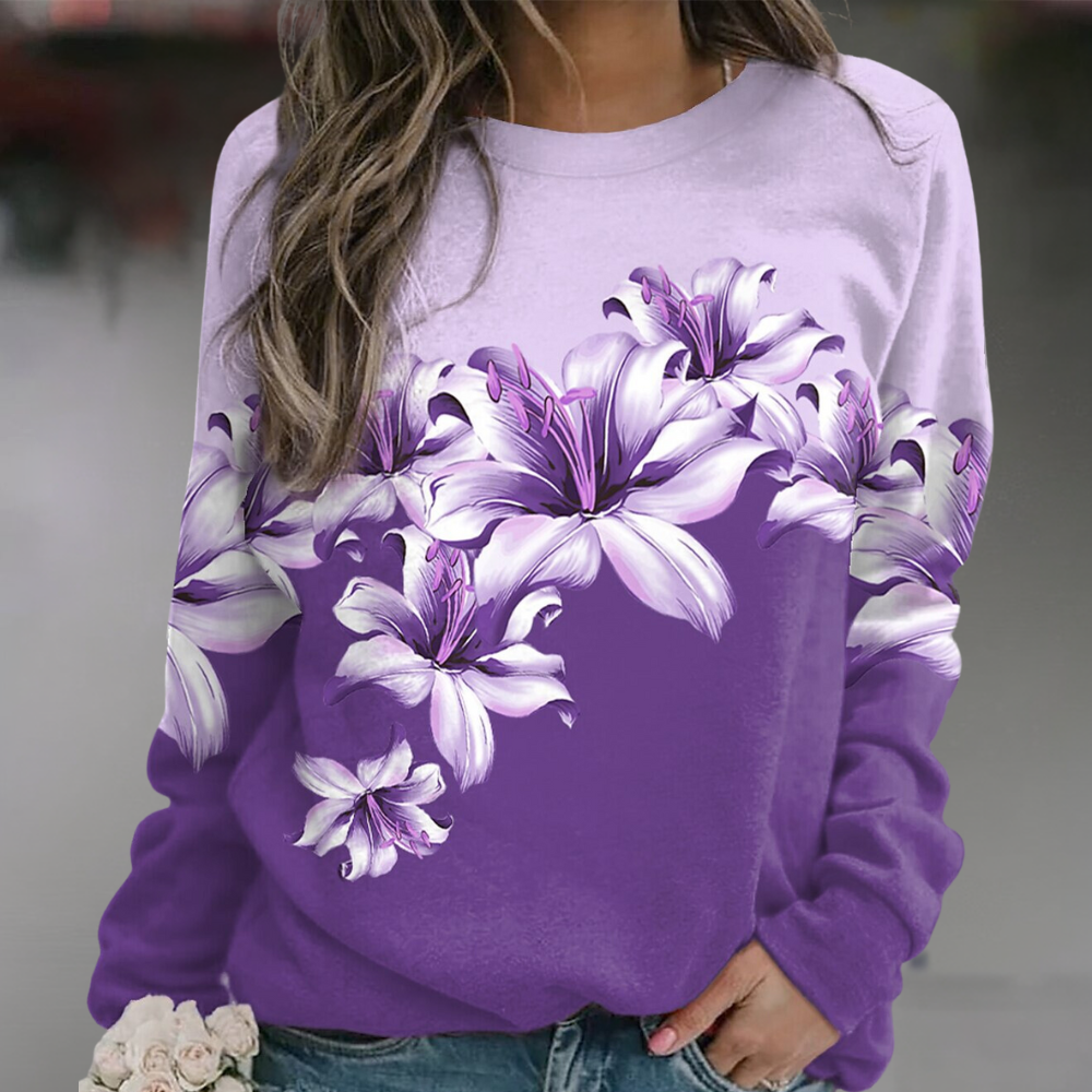 Women's floral print relaxed-fit sweatshirt, long sleeve cotton-blend breathable fabric casual top