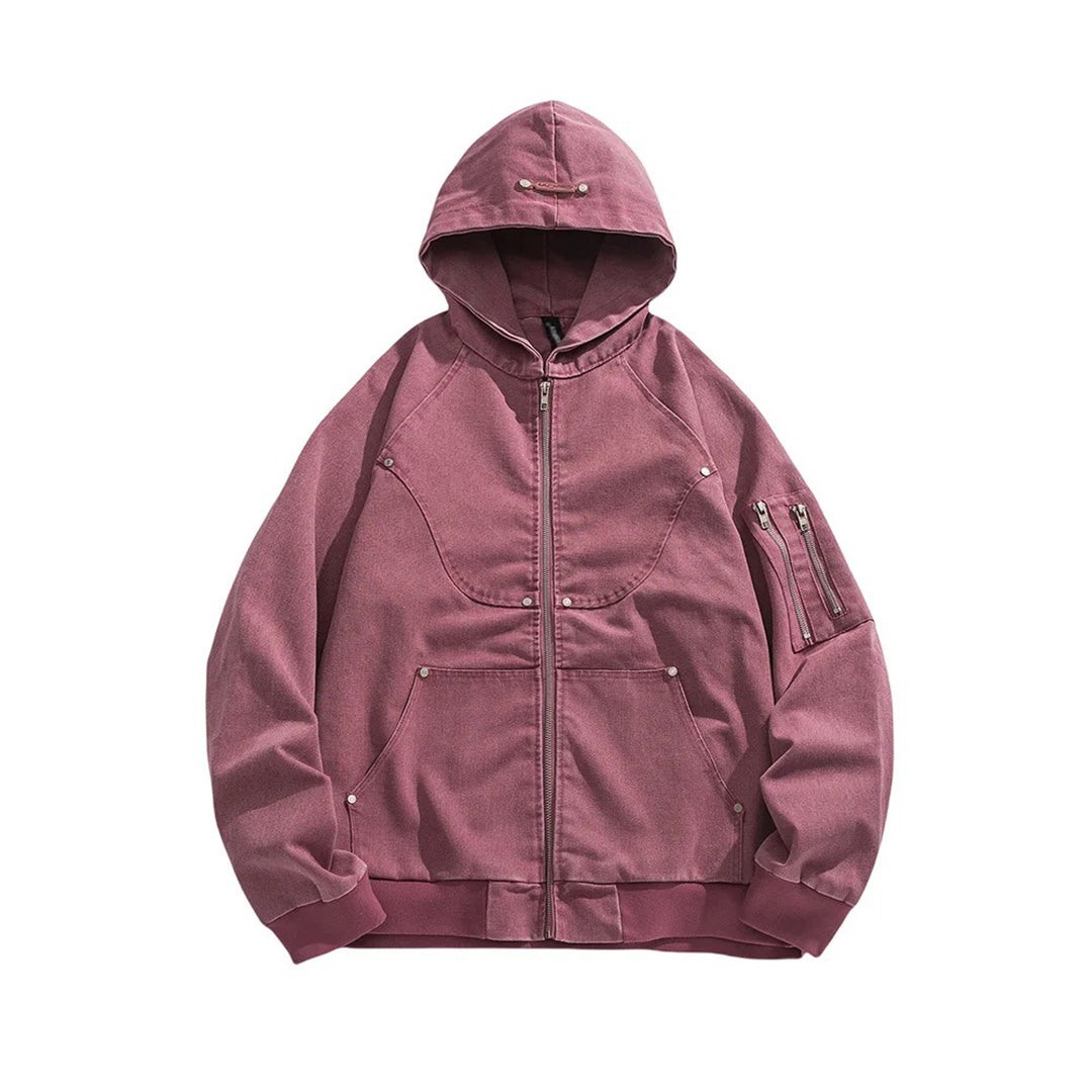 Unisex heavyweight denim hooded jacket with zipper sleeve pockets and silver rivet accents