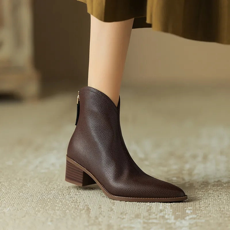 Women's pointed toe ankle boots in black PU leather with chic block heel for all-day comfort