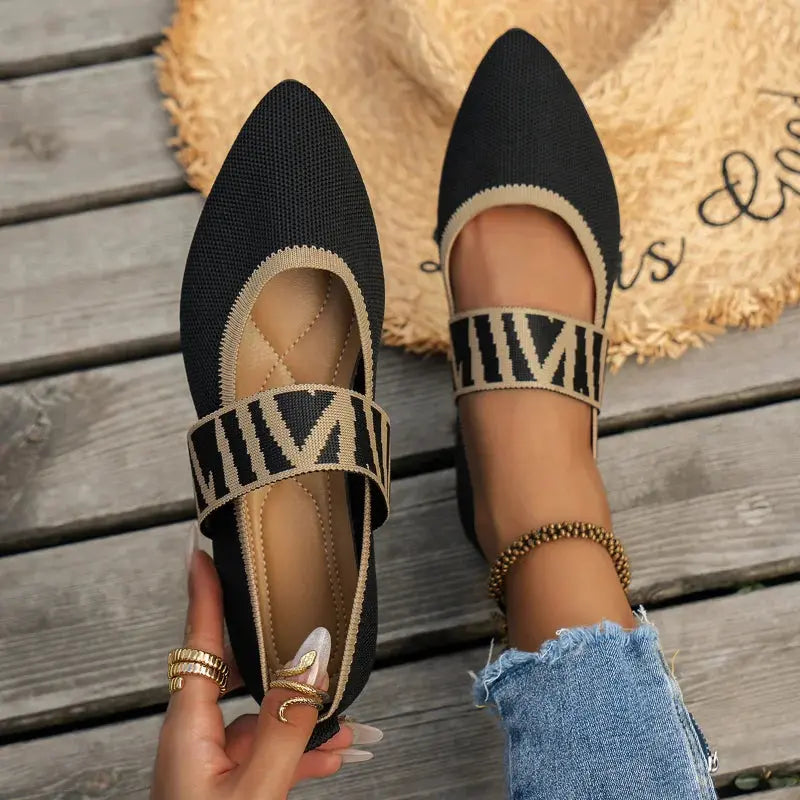 Women's pointed toe ballet flats with checkered strap detail, chic versatile slip-on shoes for all-day comfort