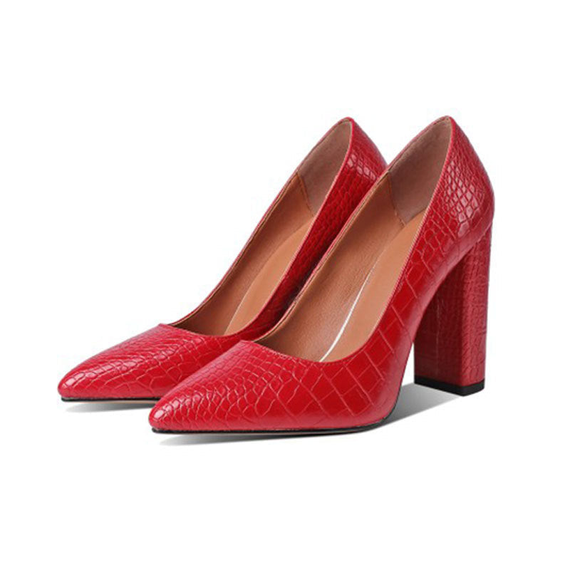 Women's black crocodile pattern pointed toe block heel pumps, professional office shoes with 8cm heel