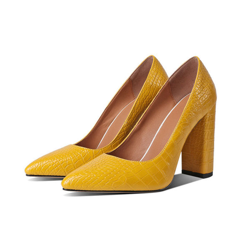 Women's black crocodile pattern pointed toe block heel pumps with over 8cm heel for office wear