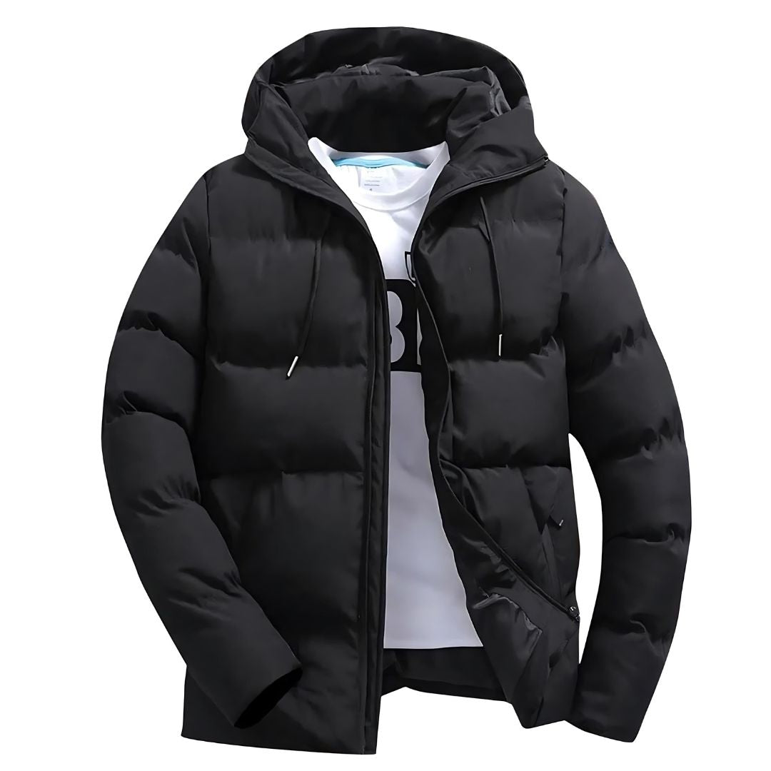 Black quilted hooded puffer jacket zip front drawstring hood regular fit casual unisex winter wear