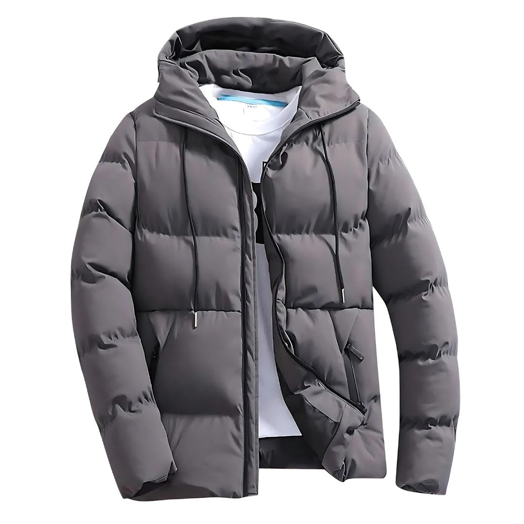 Black quilted hooded puffer jacket zip front drawstring hood regular fit casual unisex winter wear